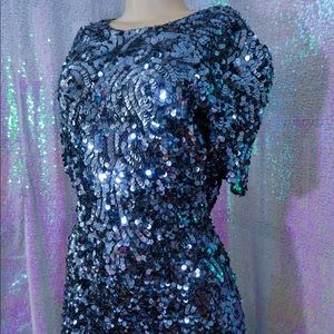 Vintage Retro Blue Metallic Sequin Mini Dress